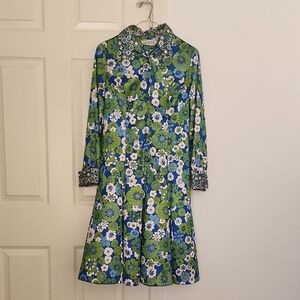 Roos/Atkins Vintage Pleated Green And Blue Longsleeved Floral Midi Dress Small